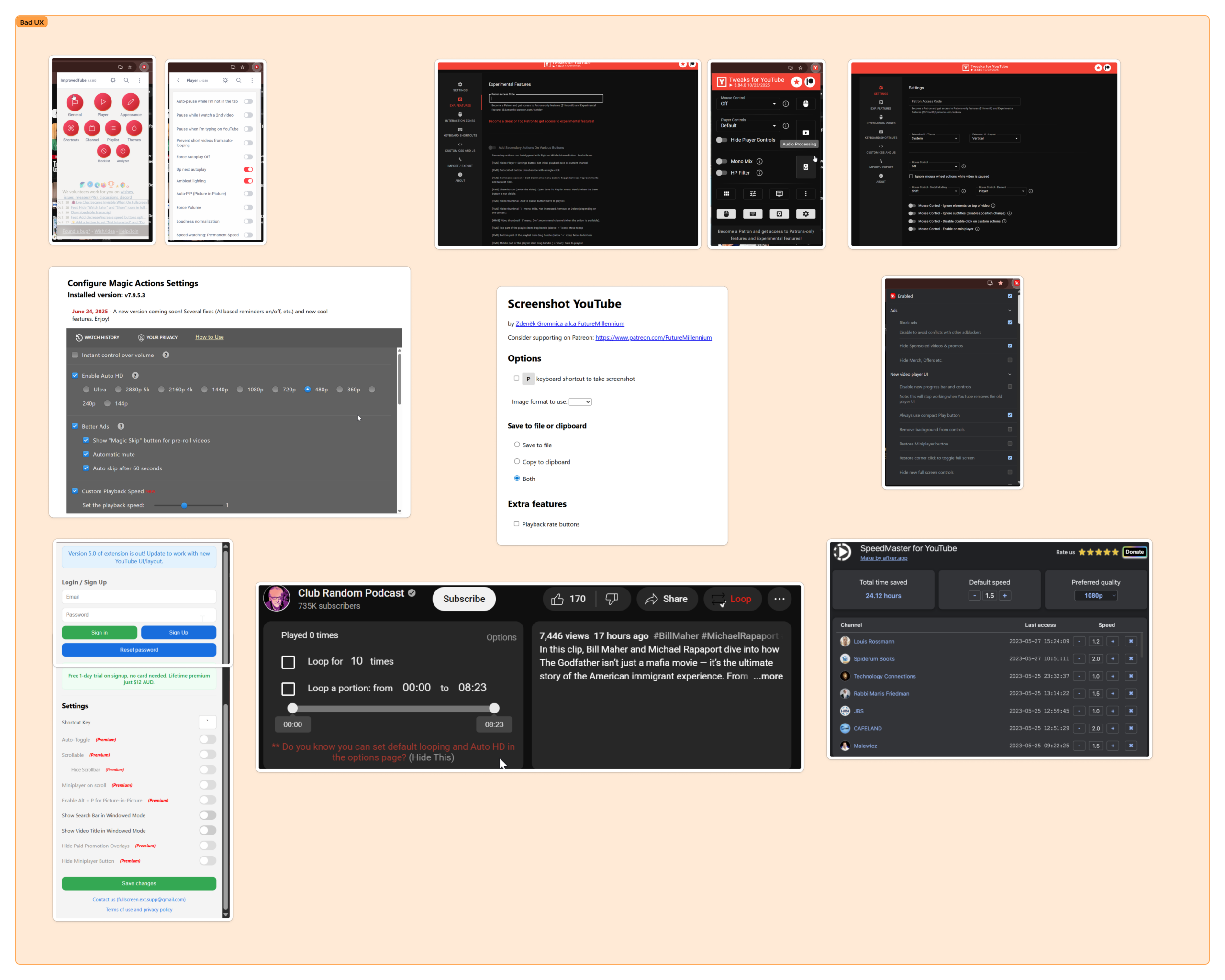 Collage of competitor extensions identified as poor UX examples, showing cluttered interfaces, inconsistent layouts, weak visual hierarchy, and confusing settings experiences