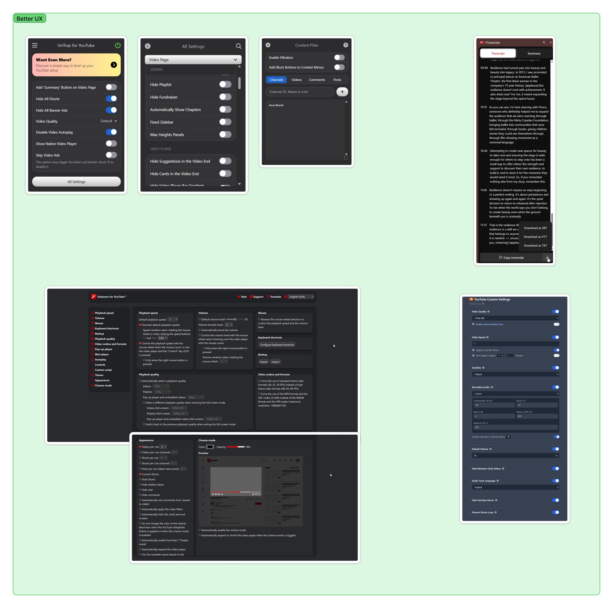 Collage of competitor extensions identified as stronger UX examples, showing cleaner layouts, clearer settings organization, better hierarchy, and more polished interaction patterns