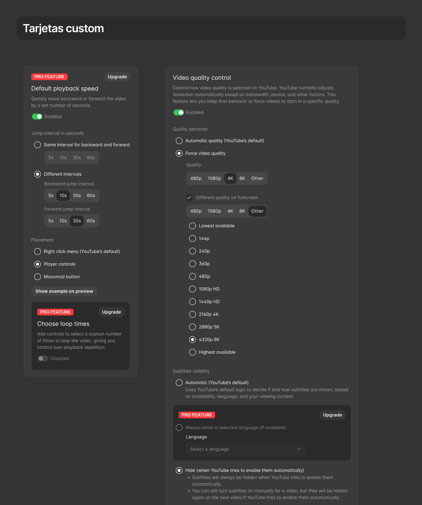 Custom settings cards for Maxxmod, showing advanced player controls, upgrade states for Pro features, and richer component patterns built on top of the base UI system