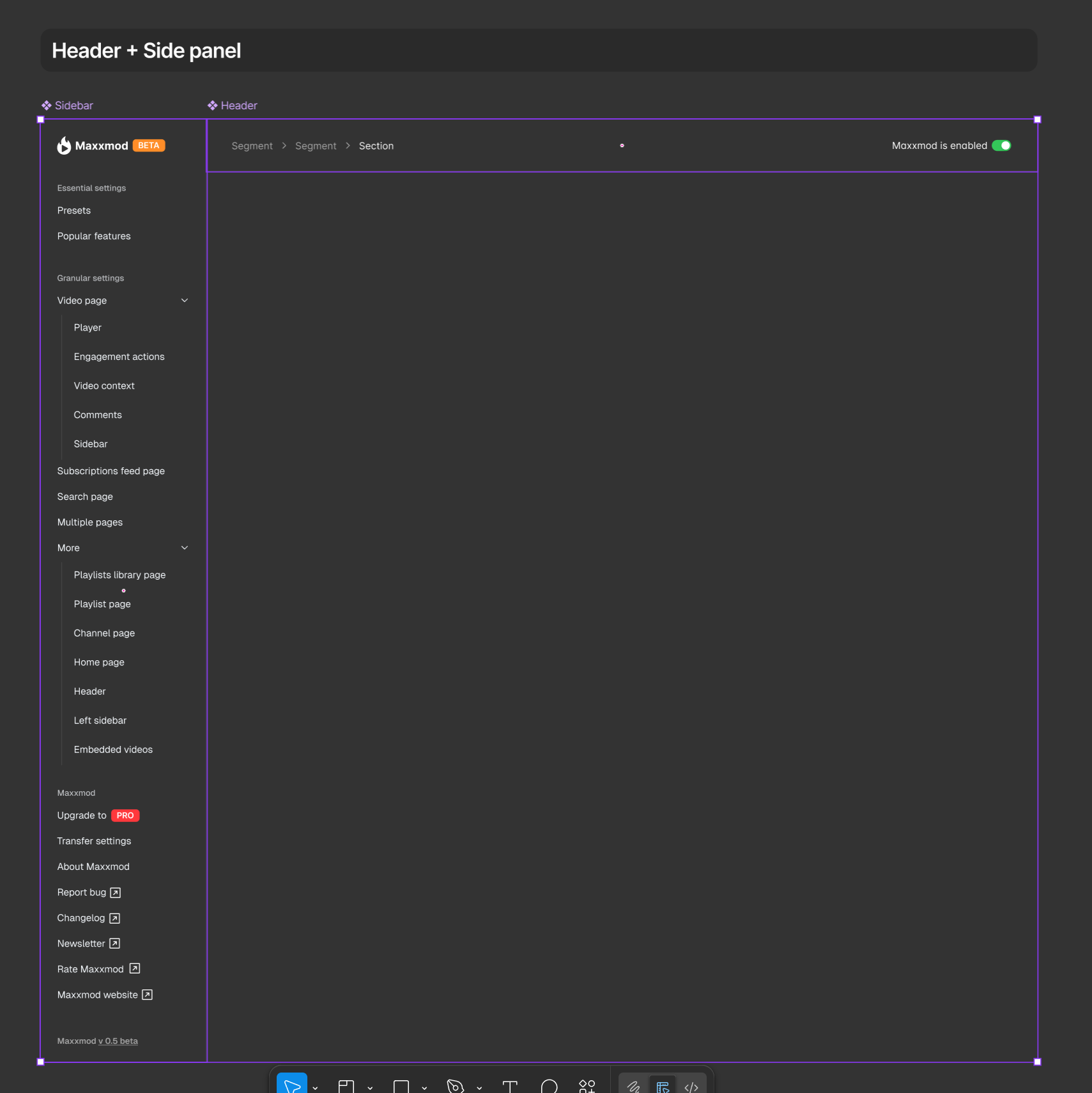 Maxxmod admin layout structure showing the header and left side navigation panel used as the foundation for the settings interface