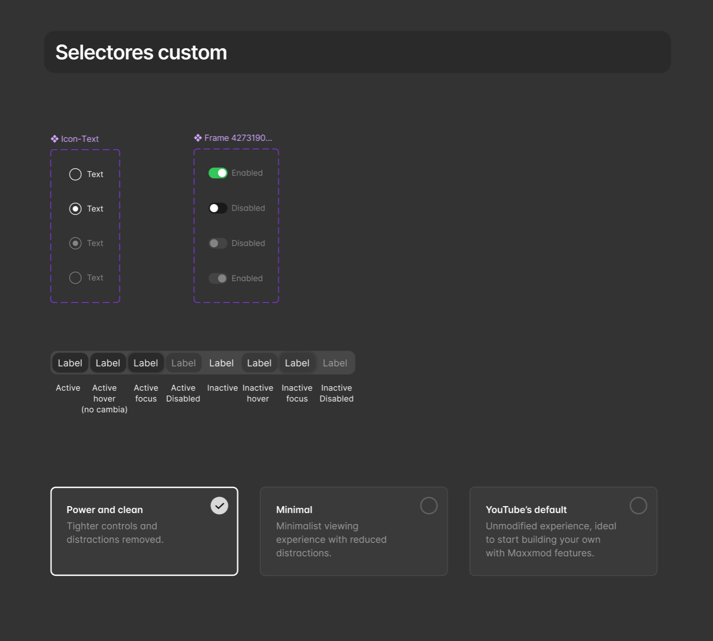 Custom selectors and preset cards for Maxxmod, including radio options, toggles, chips, and selectable presets with multiple interaction states