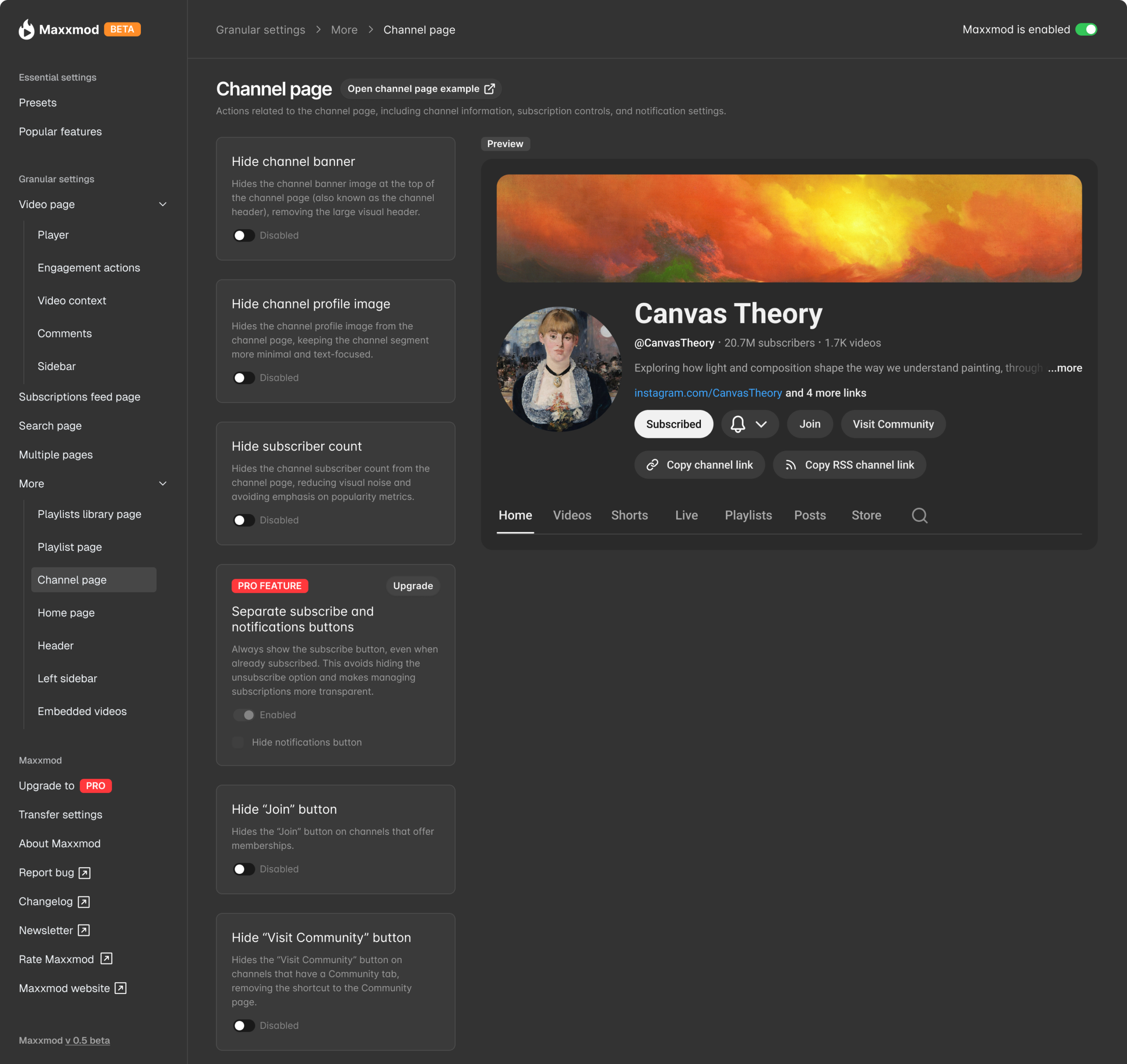 Maxxmod admin screen for Channel page settings, showing controls to hide banner, profile image, subscriber count, Join button, and Visit Community button, plus a preview of a YouTube channel header with subscription controls.