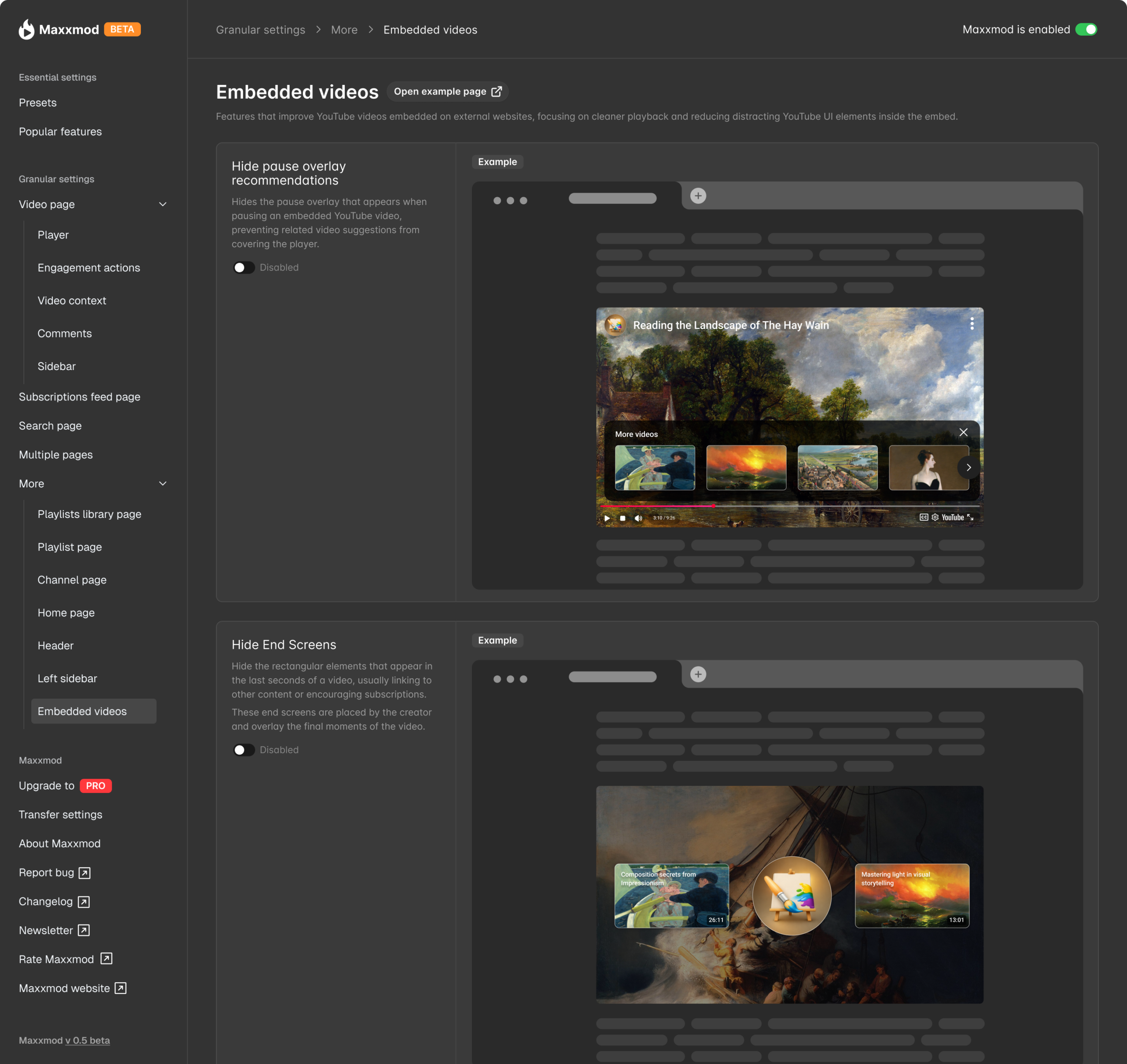 Maxxmod admin screen for Embedded videos settings, showing controls to hide pause overlay recommendations and end screens, with example previews of a YouTube video embedded on an external webpage.
