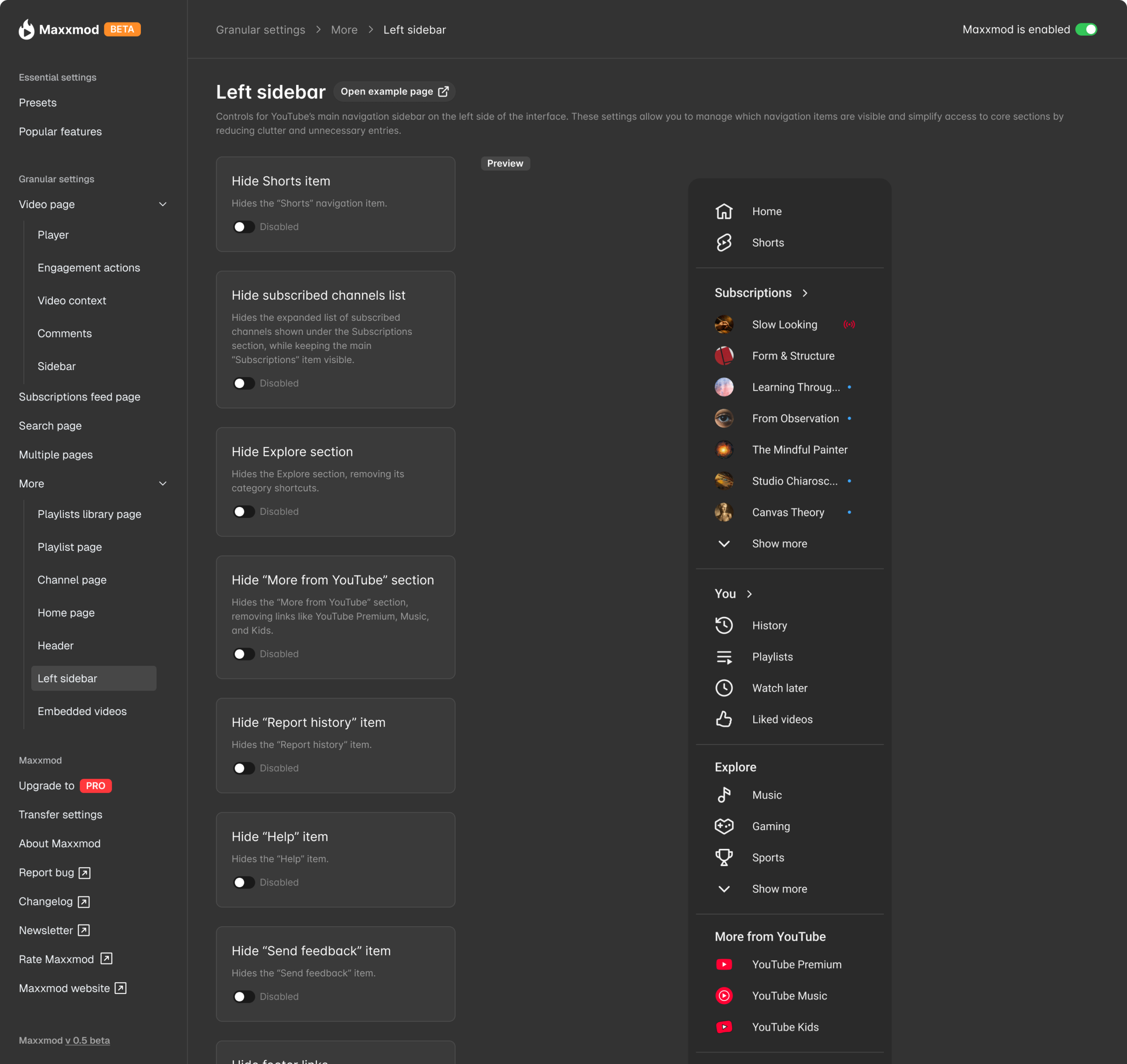Maxxmod admin screen for Left sidebar settings, showing controls to hide Shorts, subscribed channels list, Explore, More from YouTube, Report history, Help, and Send feedback items, with a preview of the simplified YouTube navigation sidebar.
