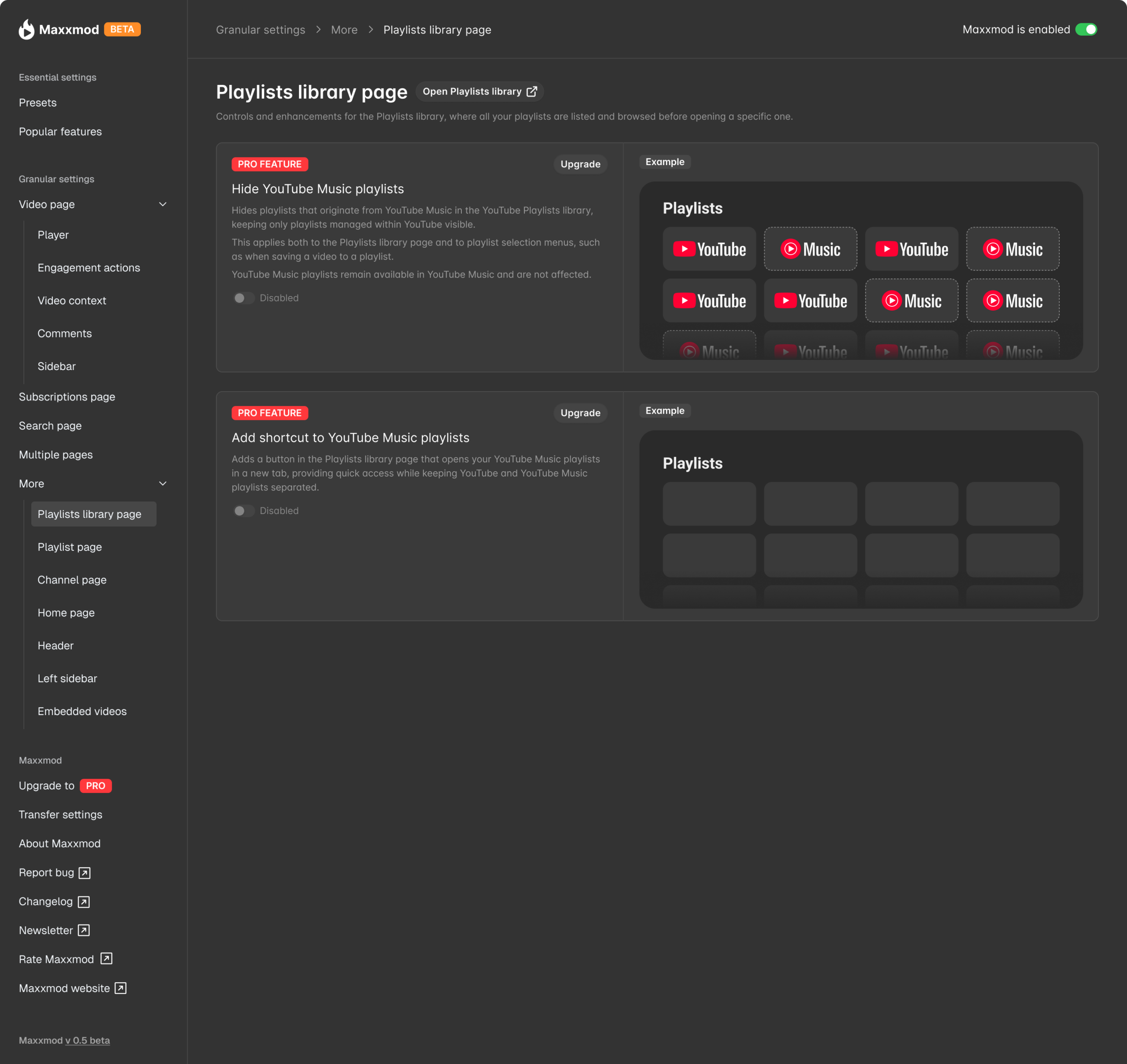 Maxxmod admin screen for Playlists library page settings, showing Pro features to hide YouTube Music playlists and add a shortcut to YouTube Music playlists, with example playlist grid previews.