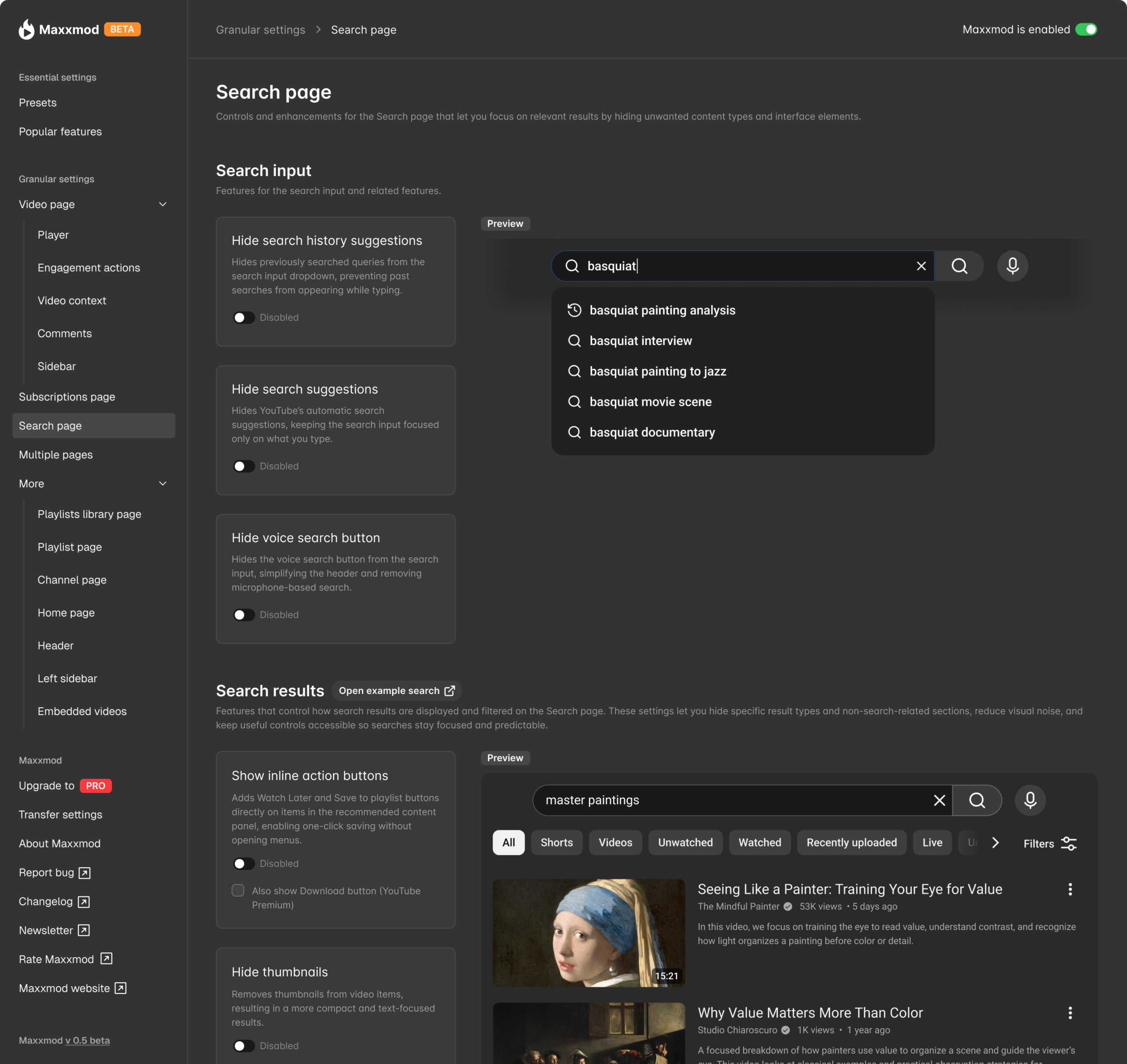 Maxxmod admin screen for Search page settings, showing controls for search suggestions, voice search button, inline action buttons, and thumbnail visibility, with previews of the search box and filtered results list.