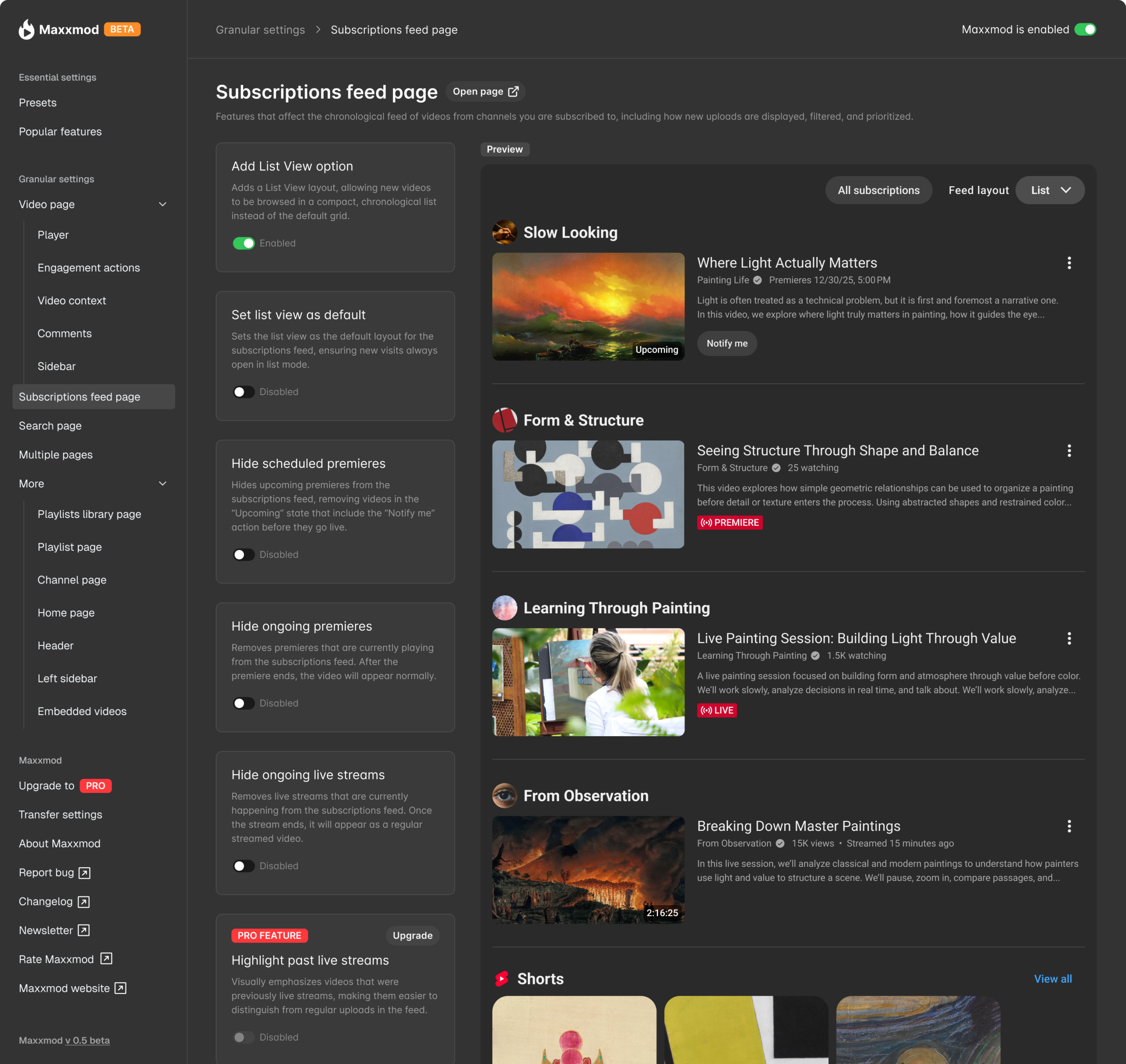Maxxmod admin screen for Subscriptions feed page settings, showing options for list view and controls to hide scheduled premieres, ongoing premieres, live streams, and highlight past live streams, with a preview of a chronological subscriptions feed.