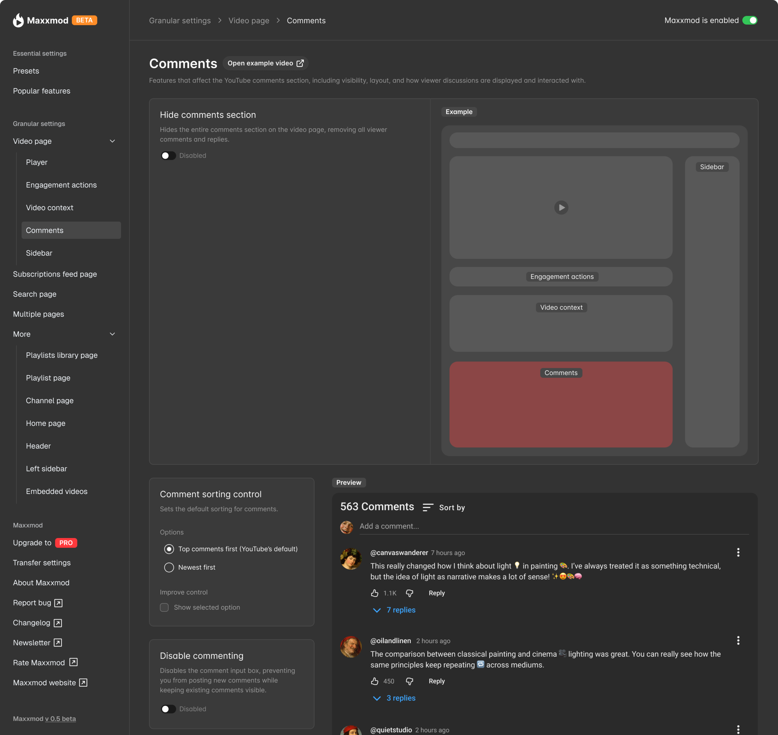 Maxxmod admin screen for Comments settings, showing controls to hide the comments section, change comment sorting, and disable commenting, with previews of page layout and an example comments thread.