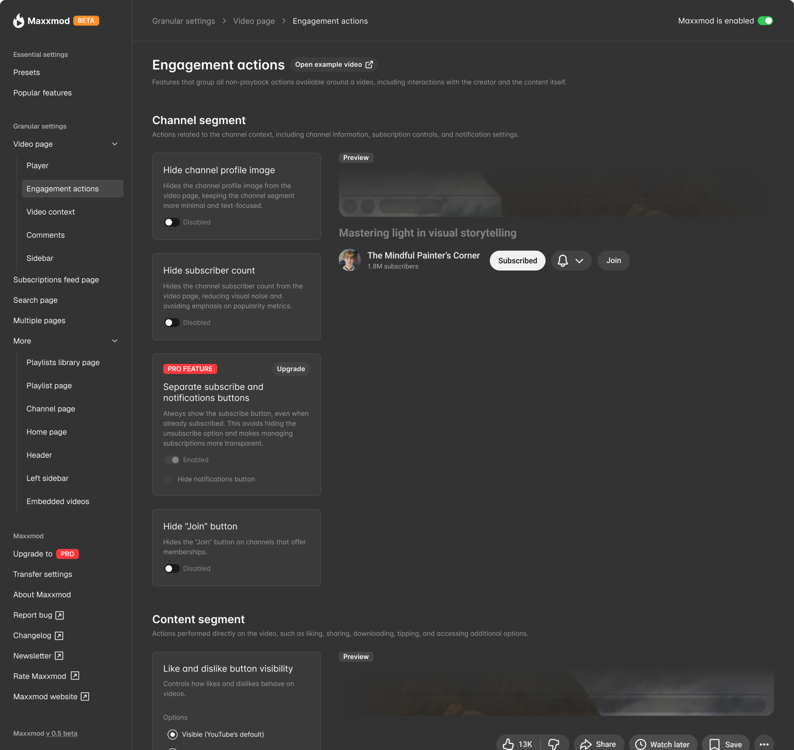 Maxxmod admin screen for Engagement actions settings, showing controls for channel-related actions such as profile image, subscriber count, notifications, and Join button, plus content action controls like like, dislike, share, Watch later, and Save.