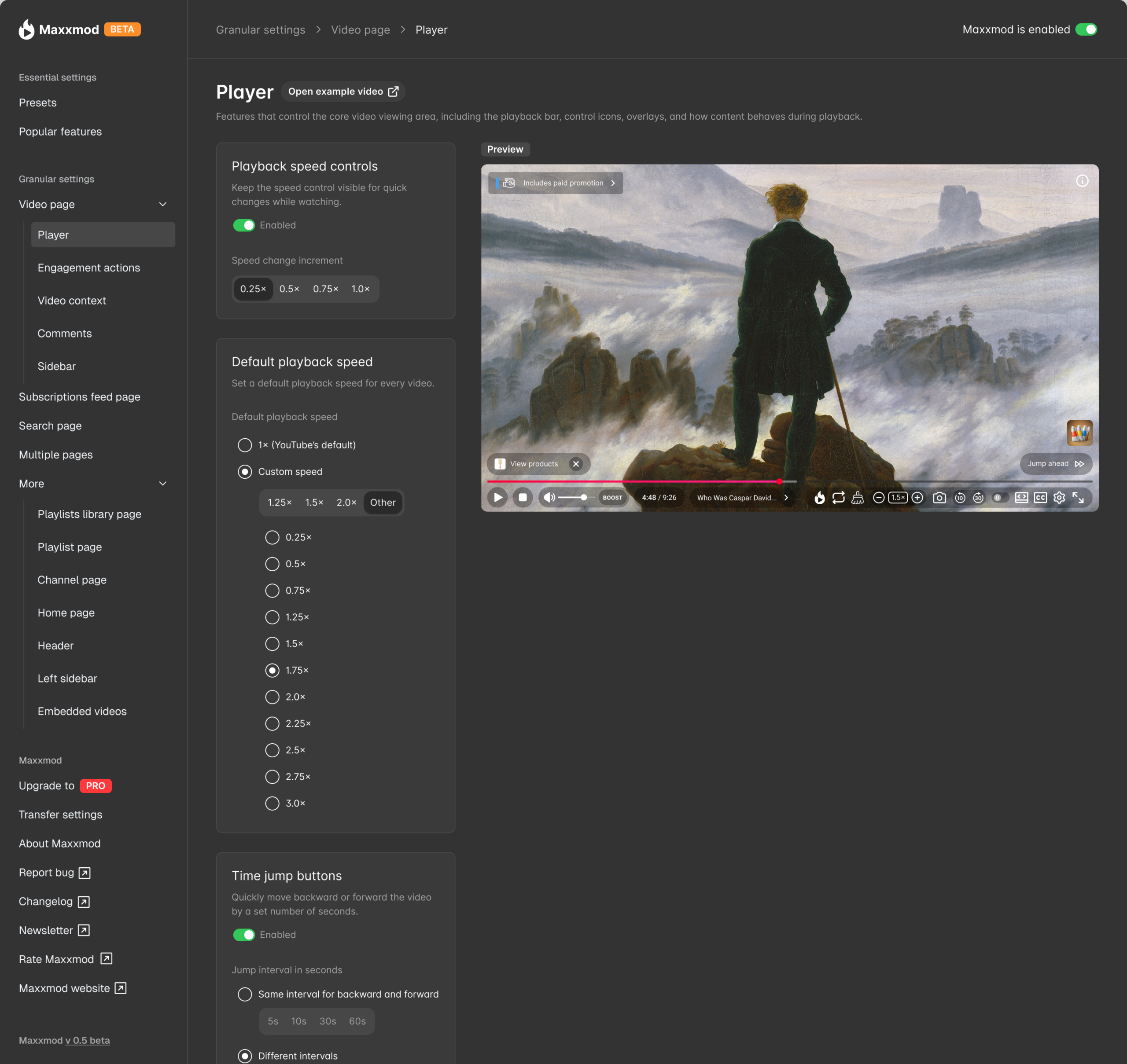 Maxxmod admin screen for Player settings, showing feature cards for playback speed controls, default playback speed, and time jump buttons alongside a live video preview with customized player controls.