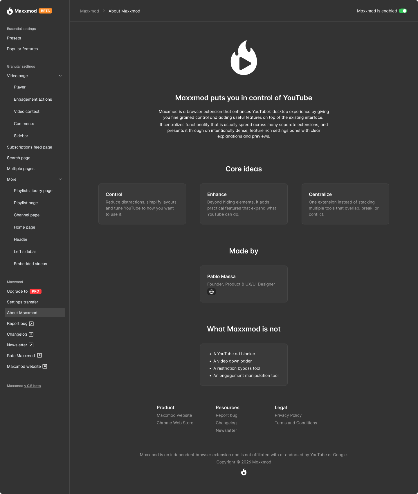 About Maxxmod page inside the settings panel, explaining the product’s purpose, core ideas, creator information, and what the extension is not, plus footer links to resources and legal pages.