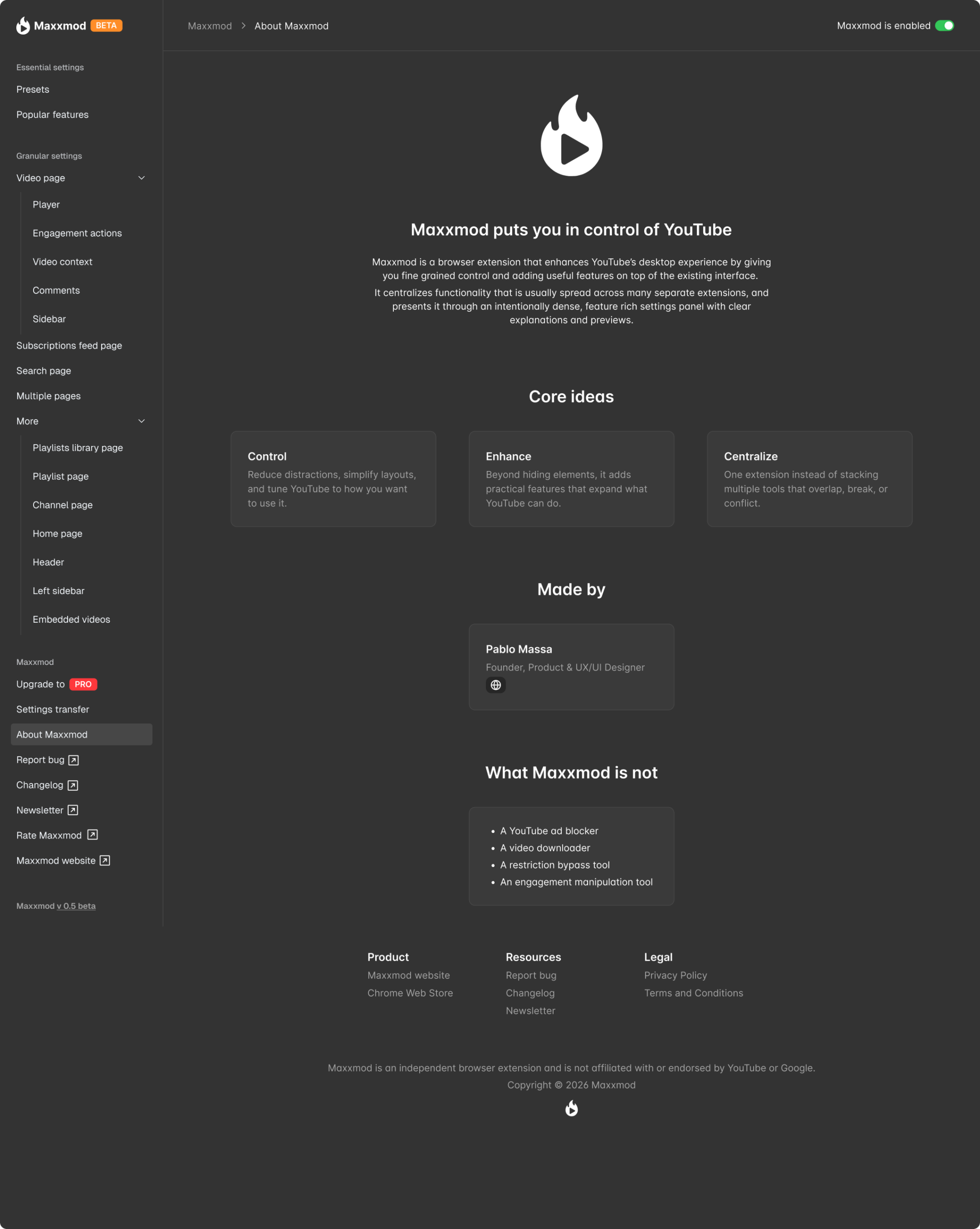 About Maxxmod page inside the settings panel, explaining the product’s purpose, core ideas, creator information, and what the extension is not, plus footer links to resources and legal pages.