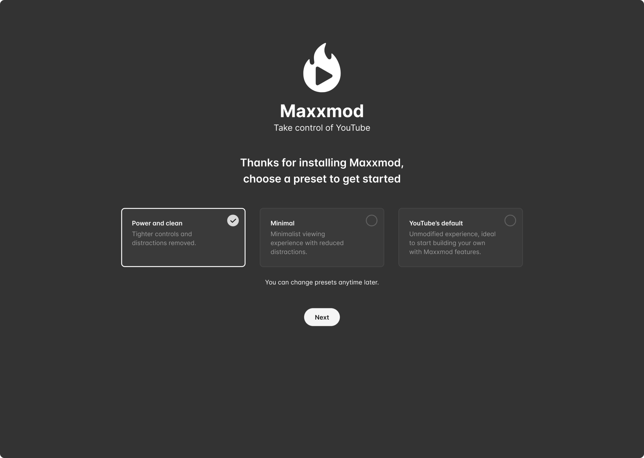 Onboarding step 1 of 3 in Maxxmod, asking new users to choose a starting preset from Power and clean, Minimal, or YouTube’s default.