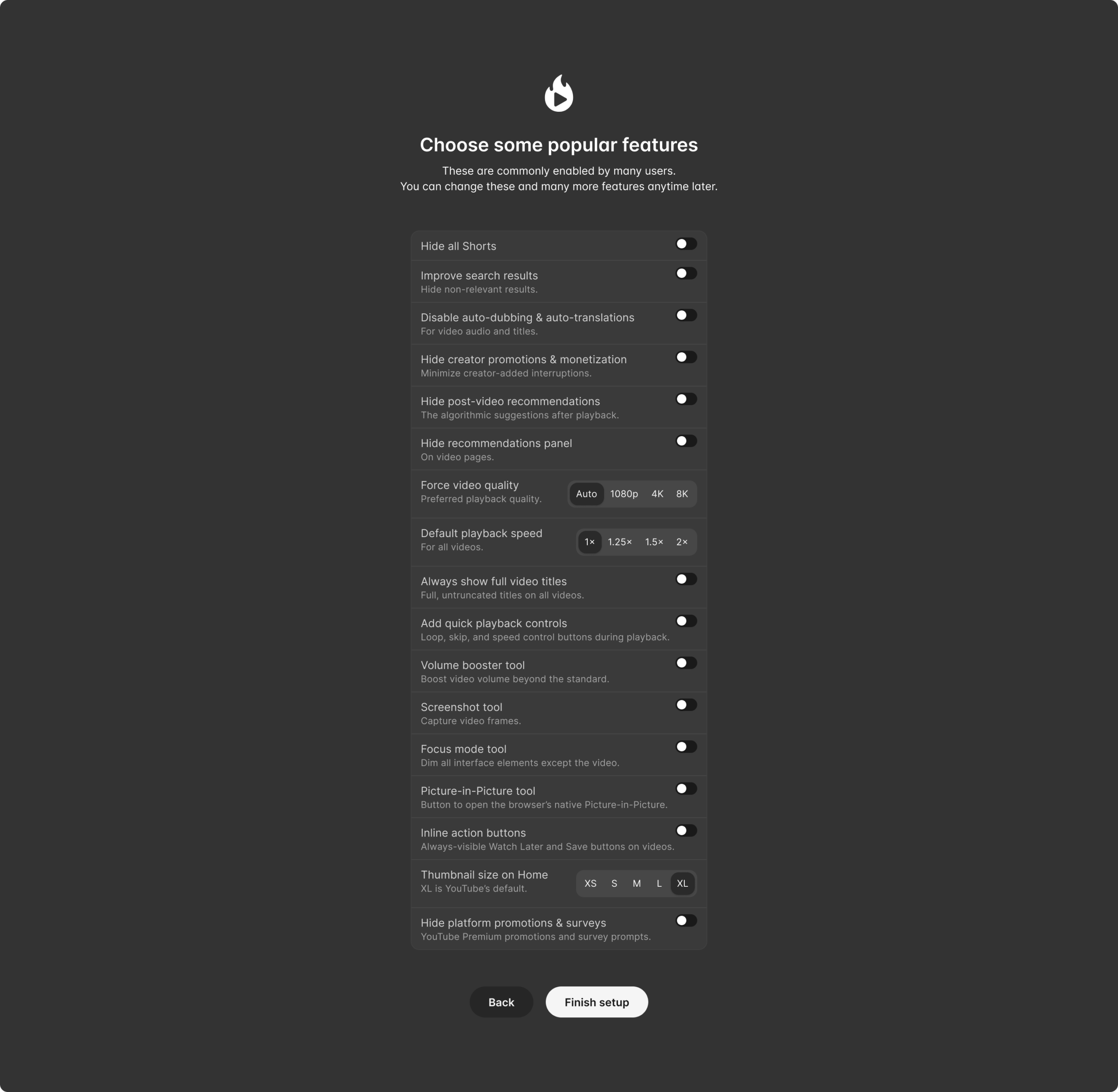 Onboarding step 2 of 3 in Maxxmod, letting users enable popular features such as hiding Shorts, improving search results, forcing video quality, adjusting playback speed, and showing full titles.
