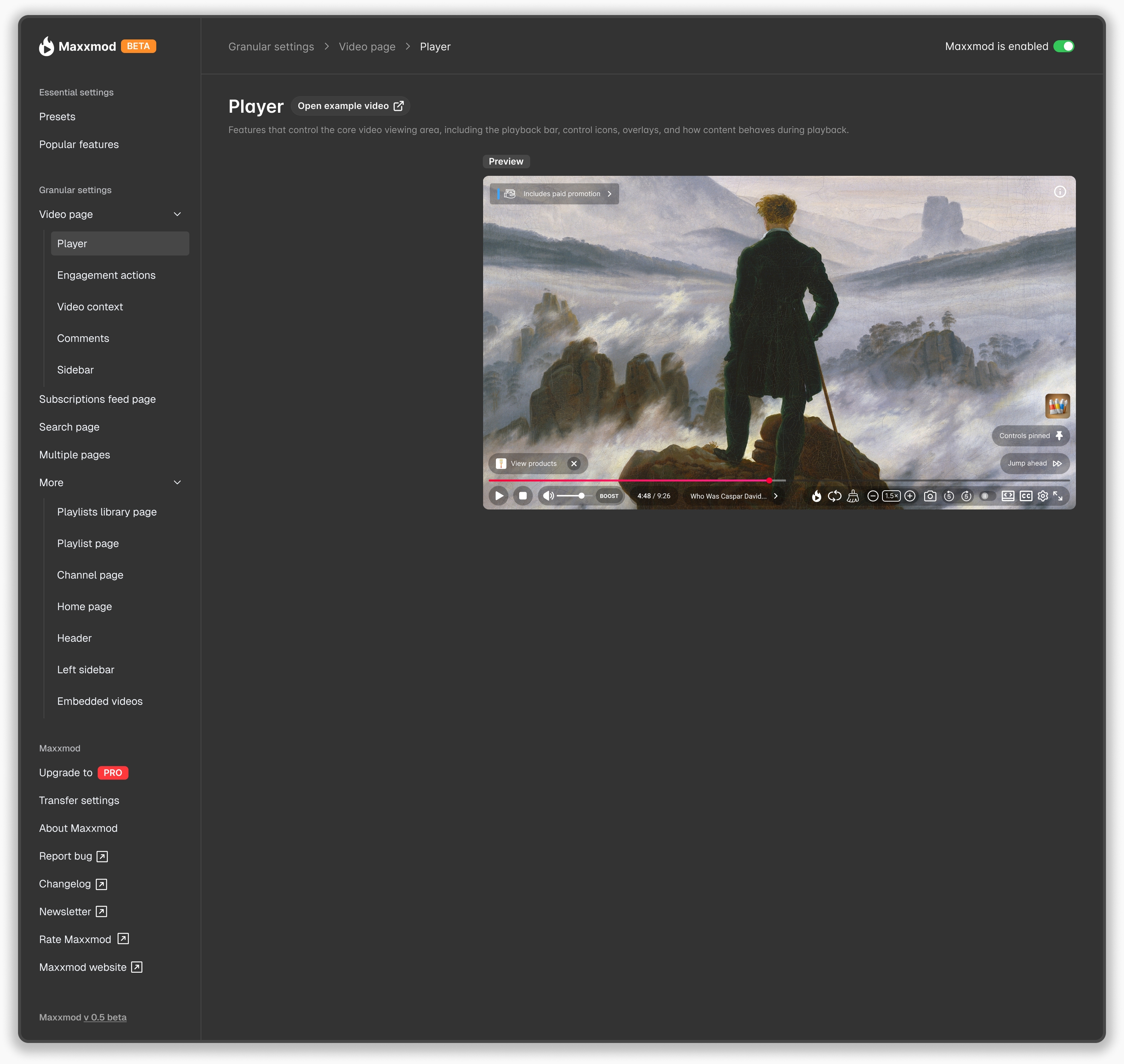 Maxxmod settings admin showing the Player section inside granular settings, with a live preview of a YouTube video player and the full navigation sidebar