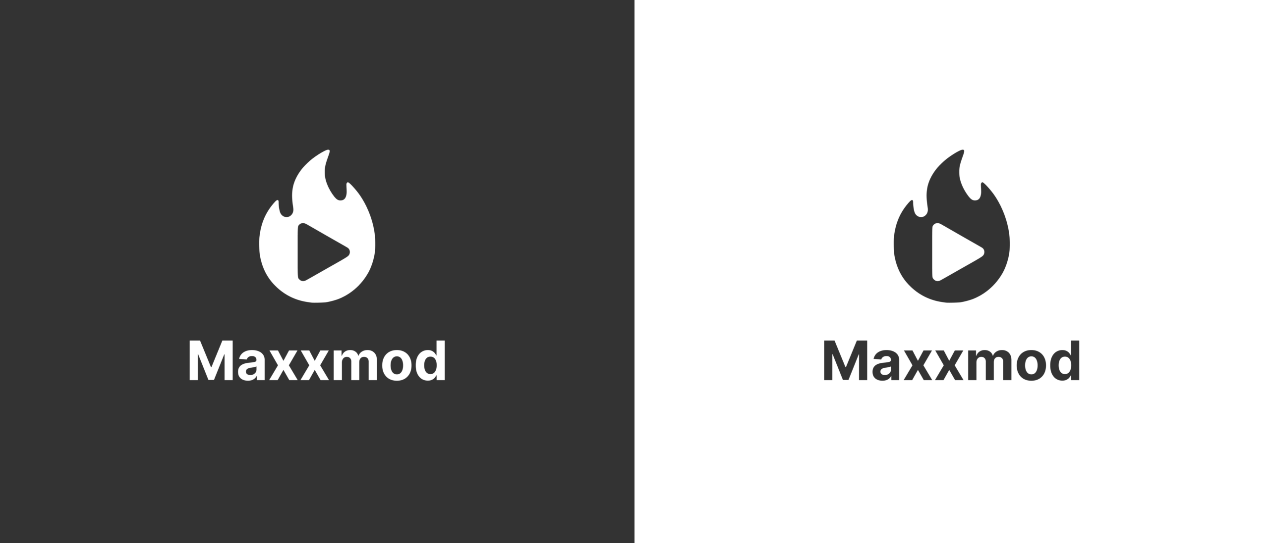 Final Maxxmod logo shown in versions for dark and light backgrounds, combining a flame icon with a play symbol and the Maxxmod wordmark.