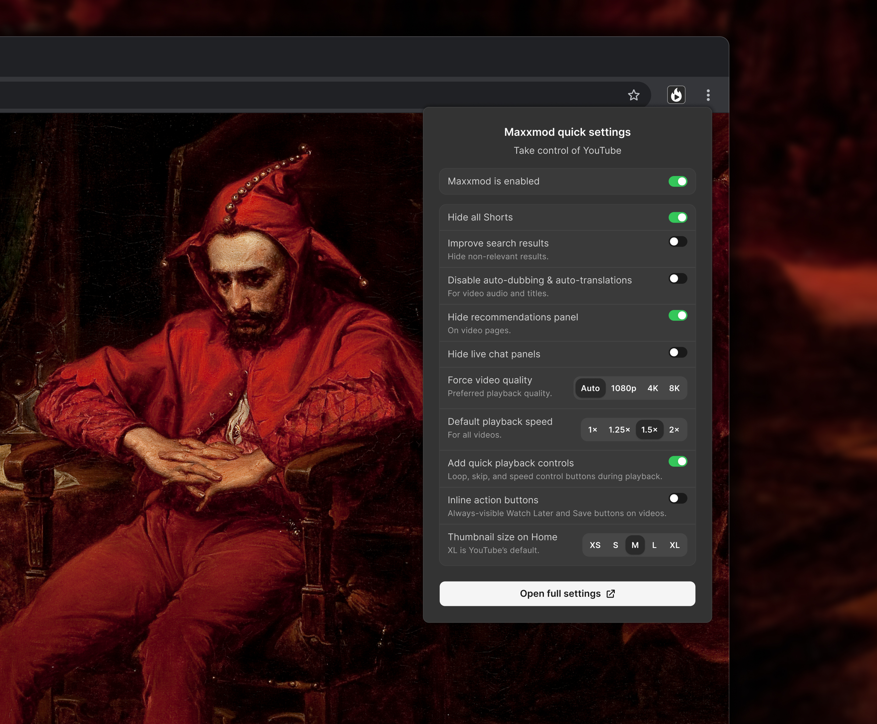 Maxxmod quick settings popup in the browser toolbar, showing a compact set of controls for enabling the extension, toggling popular features, adjusting video quality and playback speed, changing thumbnail size, and opening the full settings page.